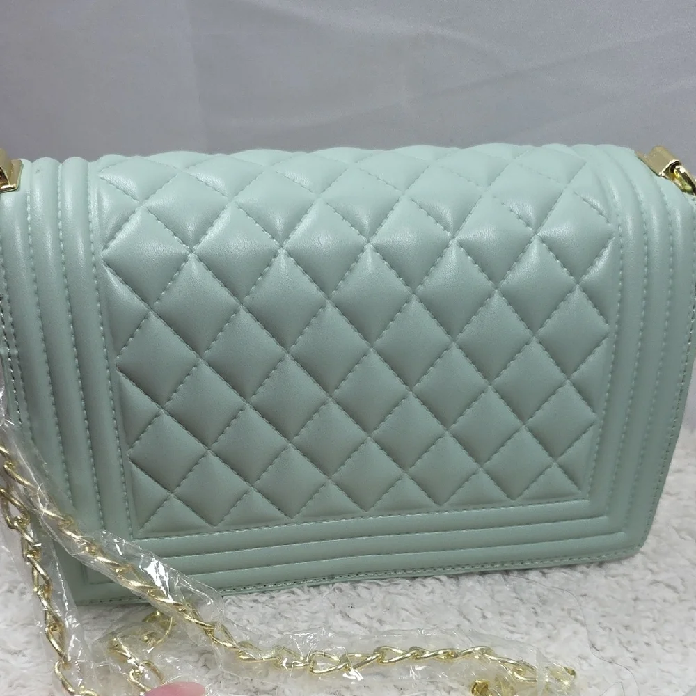 Quilted Mint Green Crossbody Bag with Gold Chain